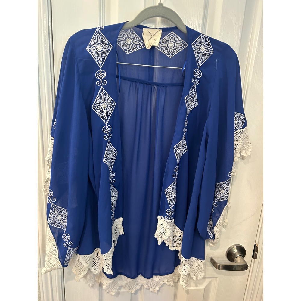 Pins and Needles Kimono Blue Embroidered Lace Trim Boho Sheer Cardigan Coverup